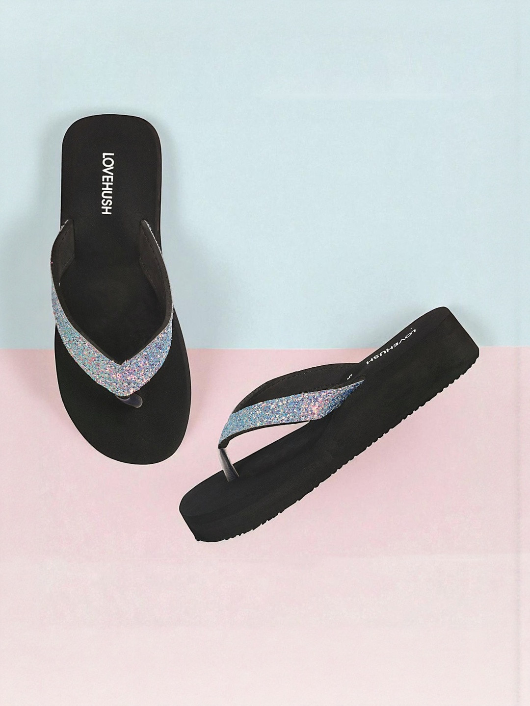 LOVEHUSH Women Black Embellished Anti-Skid Open Toe Canvas Wedges