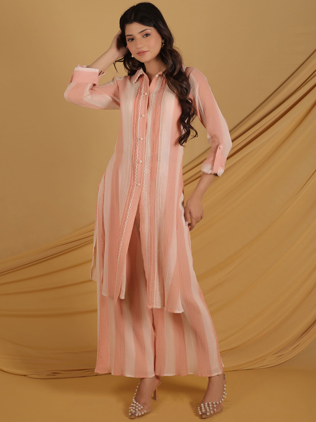 GRASS & SUNSHINE Women Striped Cotton Kurta with Palazzos