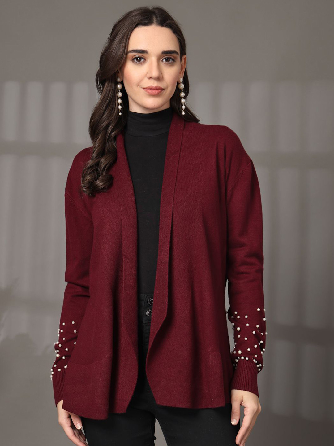 Thirty Threads Notch Lapel Collar Embellished Open Front Longline Woollen Shrug