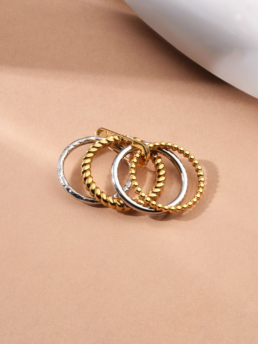 PALMONAS Waterproof & Anti-Tarnish Dual-Tone Safety Pin Accent Stack Ring