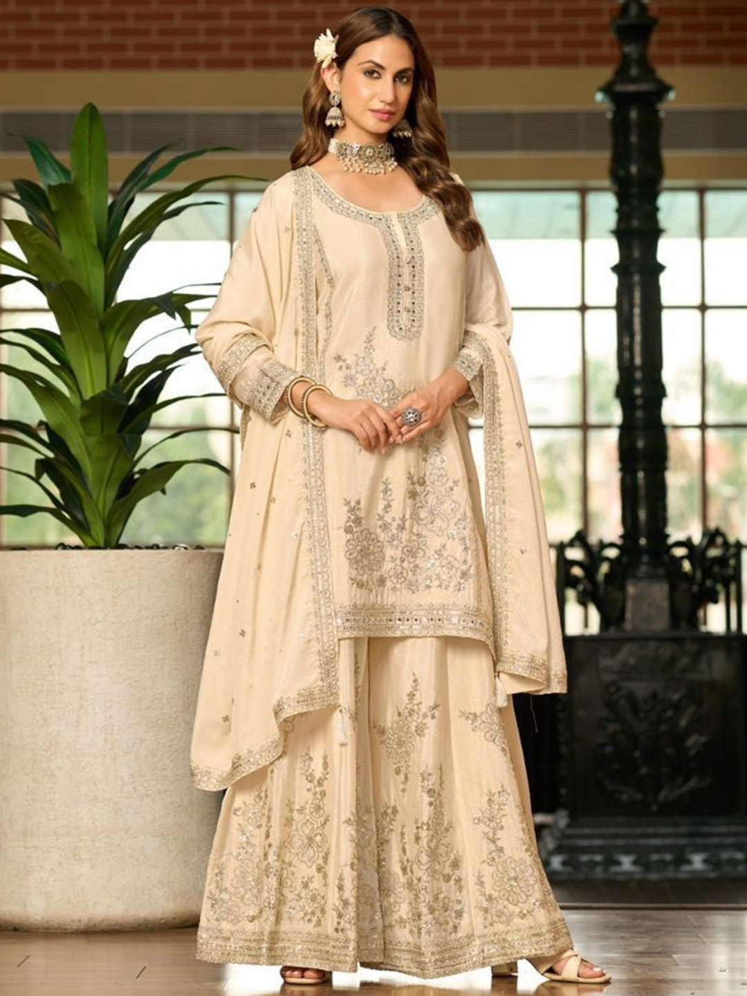 AUTUMN LANE Women Tasuvre Pearl Full Work Sharara Set