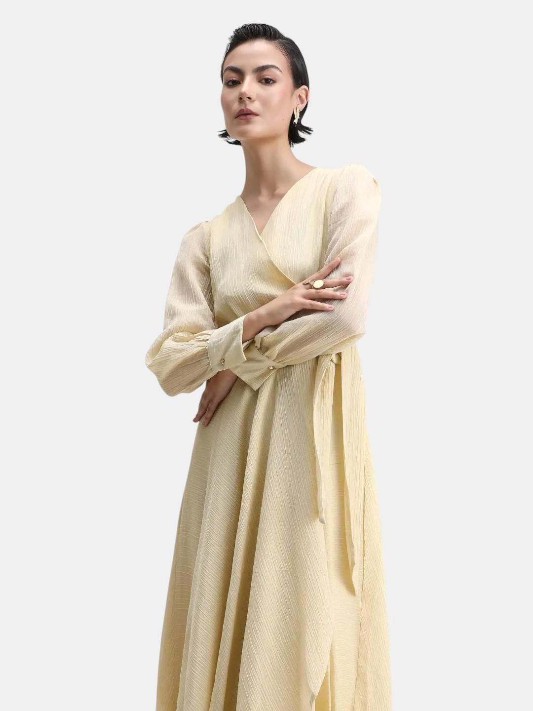 RAREISM Women Avsi Gold Polyester Wrap Neck Pull On Closure Fit And Flare Midi Plain Dress