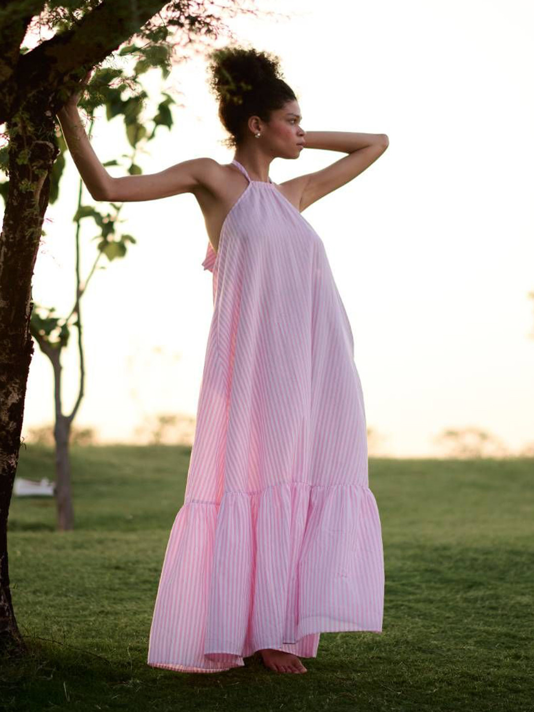 RAAS LIFE Women Striped Tiered Tie-Up Neck A-Line Maxi Dress