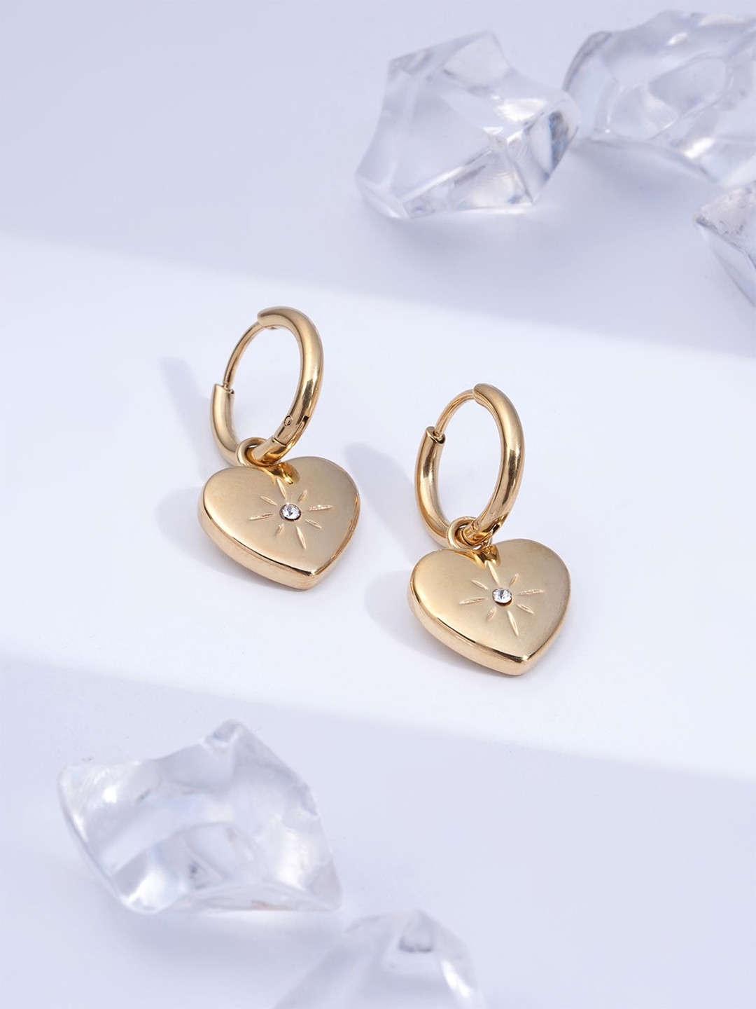 PALMONAS Gold-Plated Stainless Steel Cubic Zirconia Starlit Heart Embrace Hoop Earrings