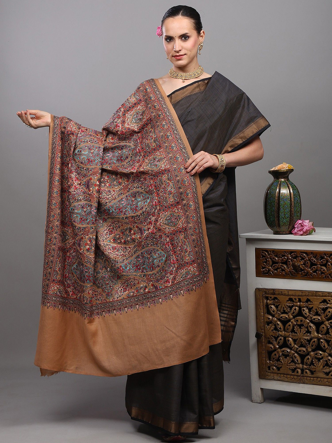 Exotic India Amritsar Floral Thread Dense Embroidered Pure Woollen Shawl