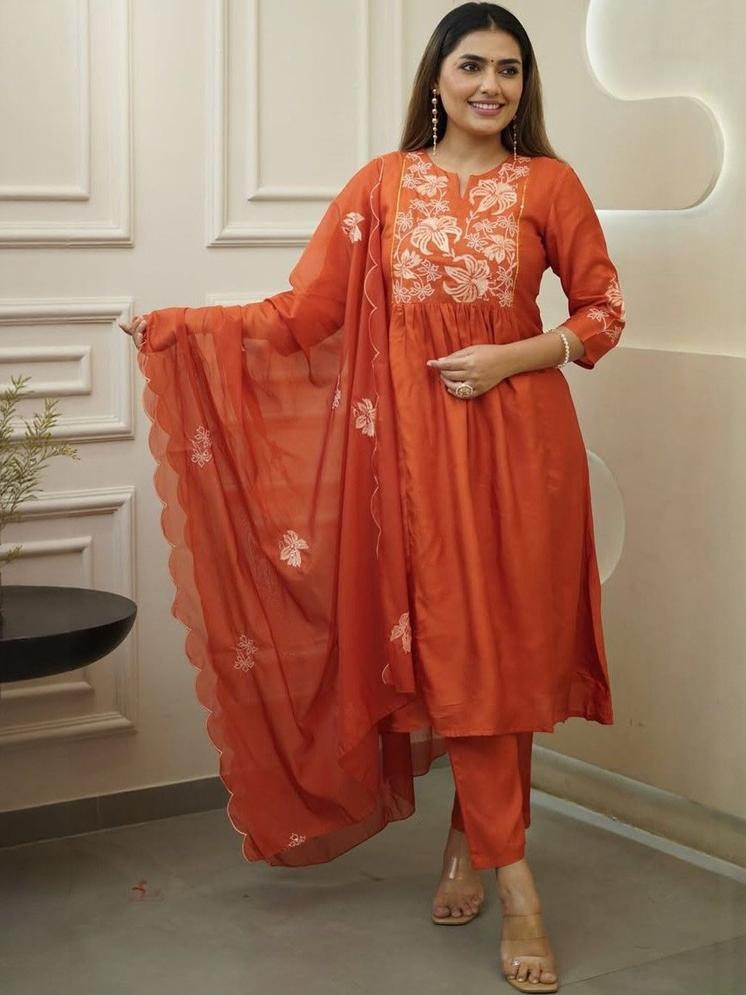 KALINI Designer Embroidered Chinon Kurta Set with Organza Dupatta