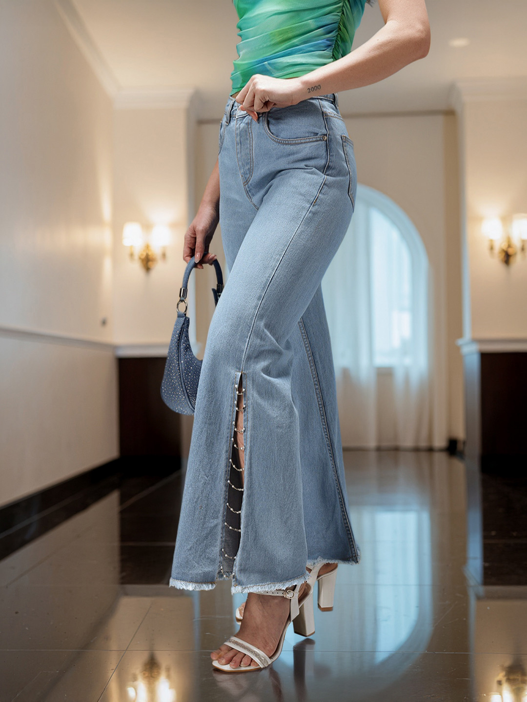 bebe Women Denim Daze Beaded High-Rise Wide Leg Jeans with High Slits