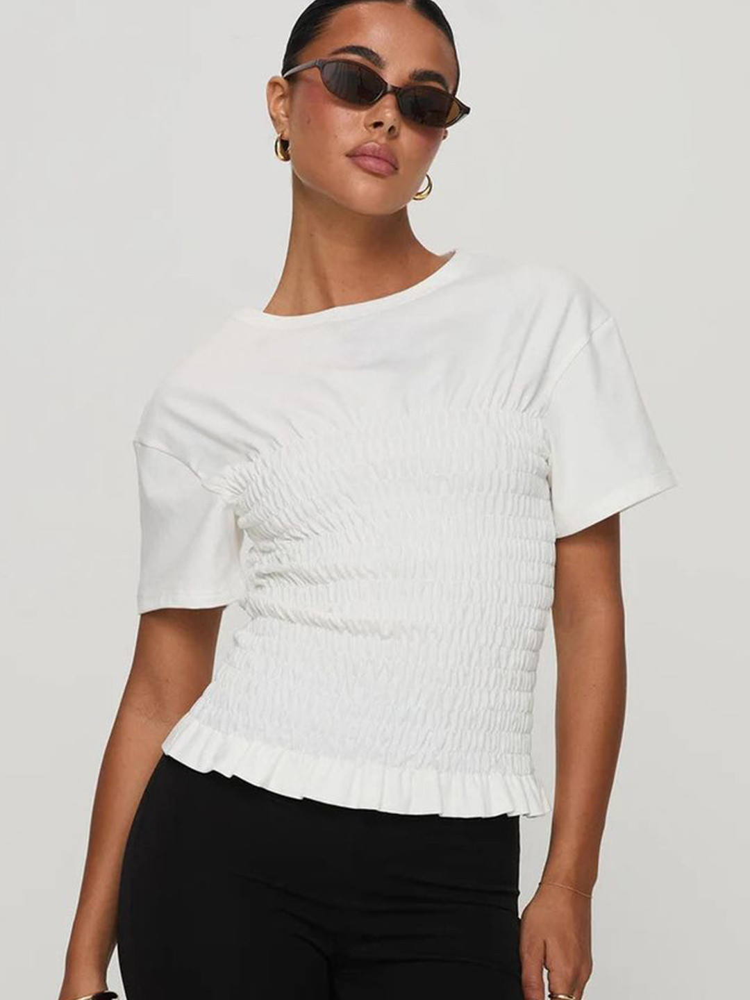 LULU & SKY Women Round Neck Smocked Ruffle Hem Top