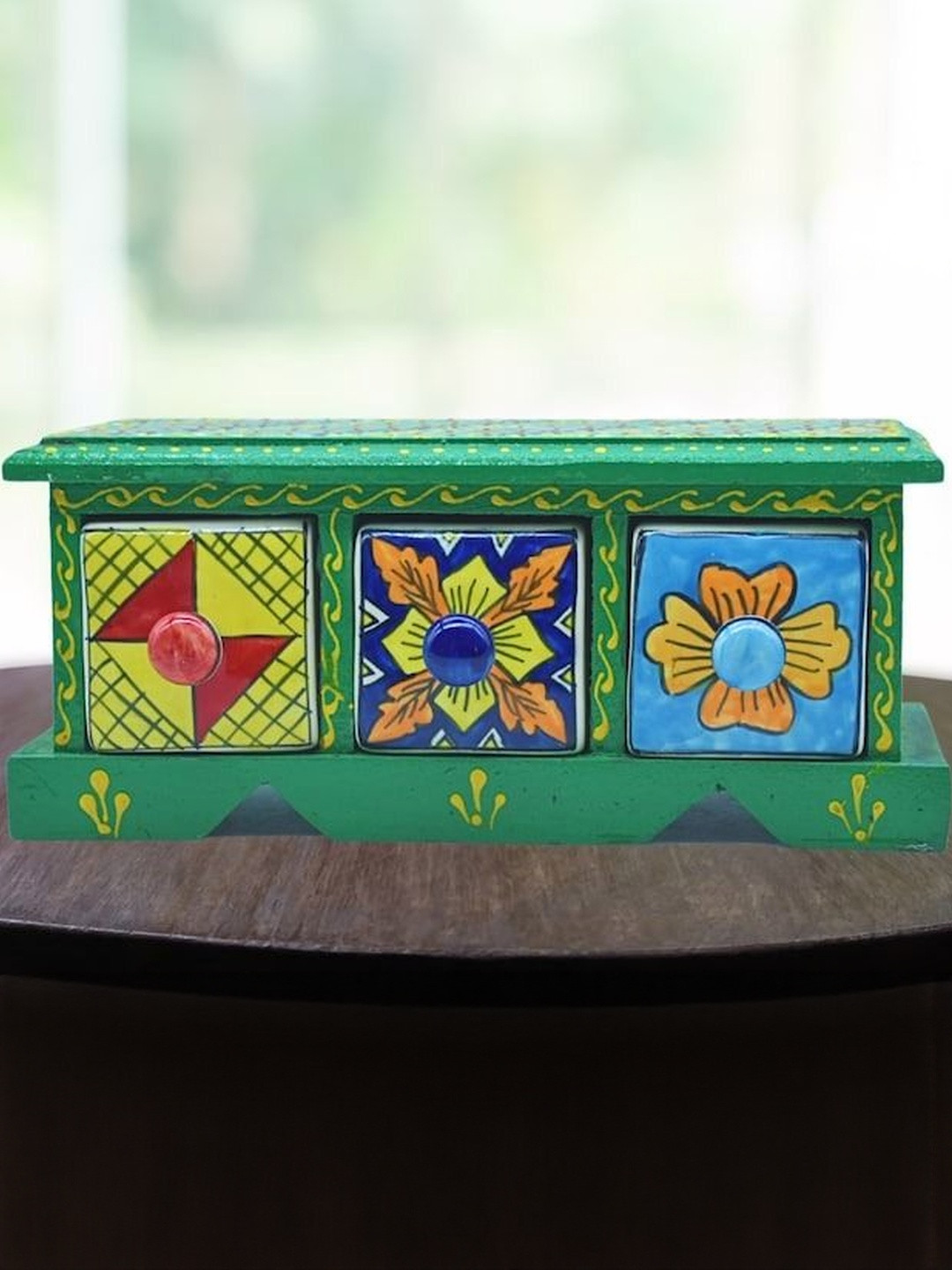 DIWAM HANDICRAFTS Decorative Green Wood Storage Drawers Box For Home and Office