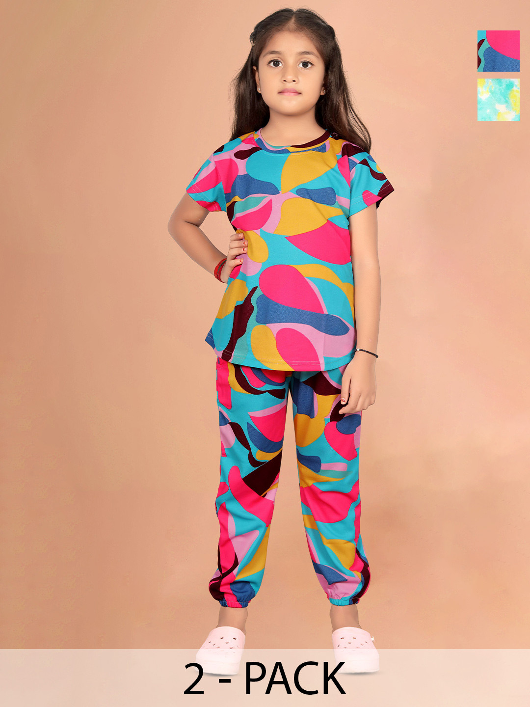 FEBVIBE Girls Pack Of 2 Printed Soft & Comfortable T-shirt With Pyjamas