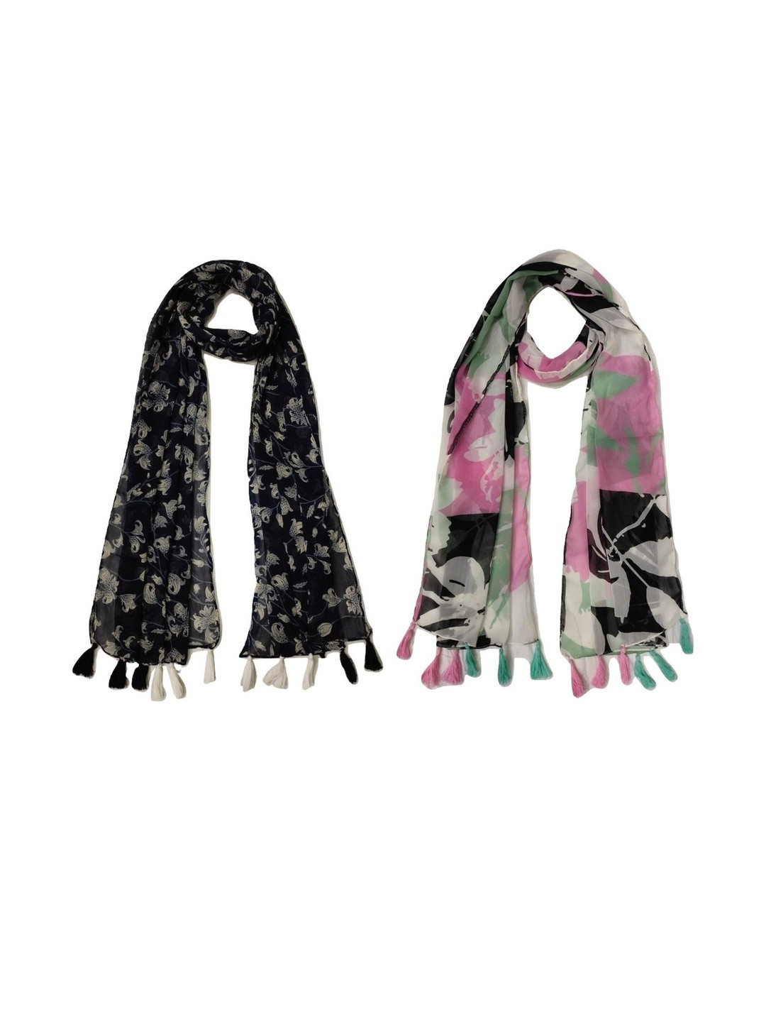 StoleVilla Pack Of 2 Floral Printed Tasseled Border Stoles