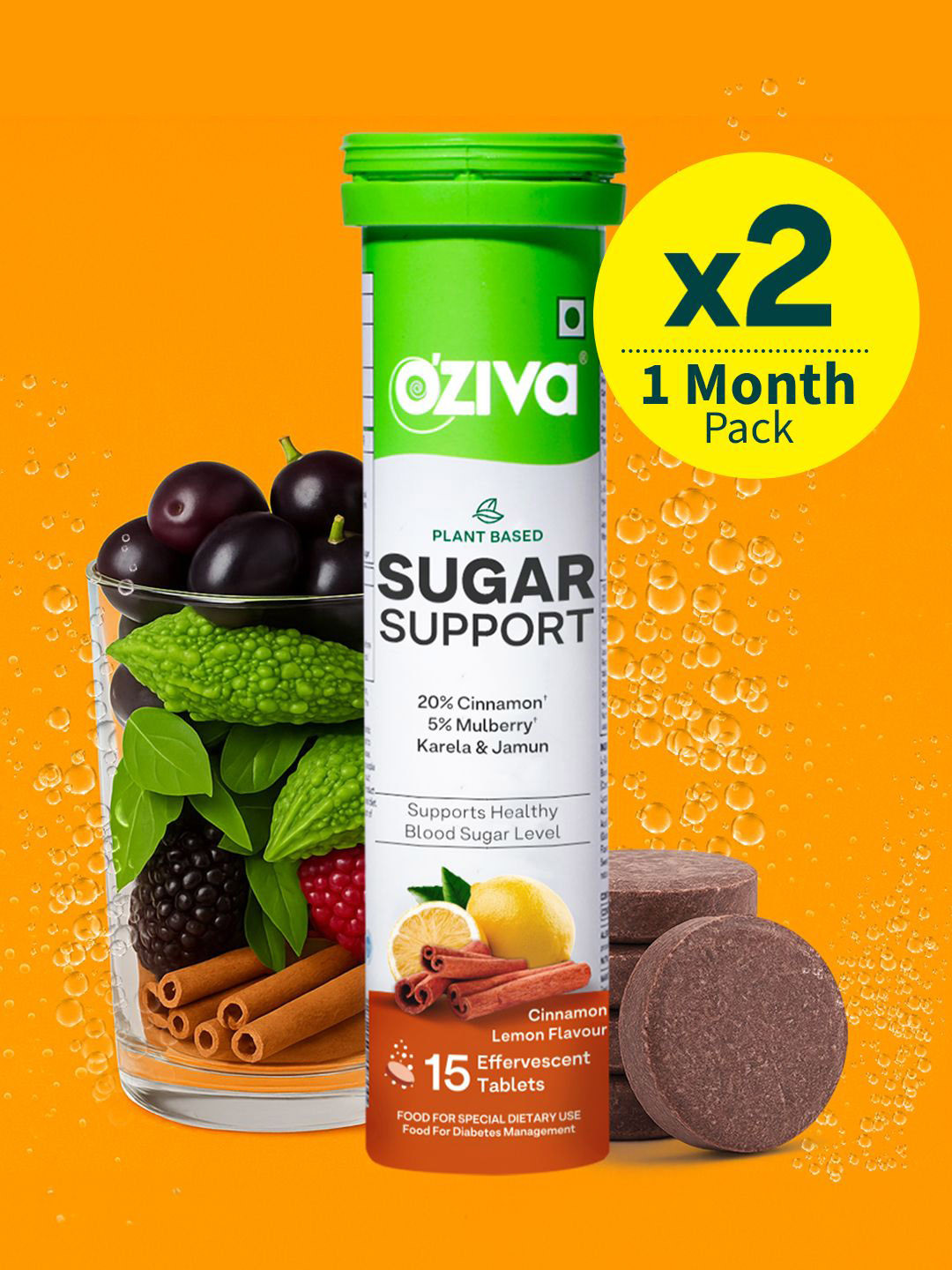 OZiva Set Of 2 Plant Based Sugar Support Tablets- 15 Tablets- Lemon Flavor