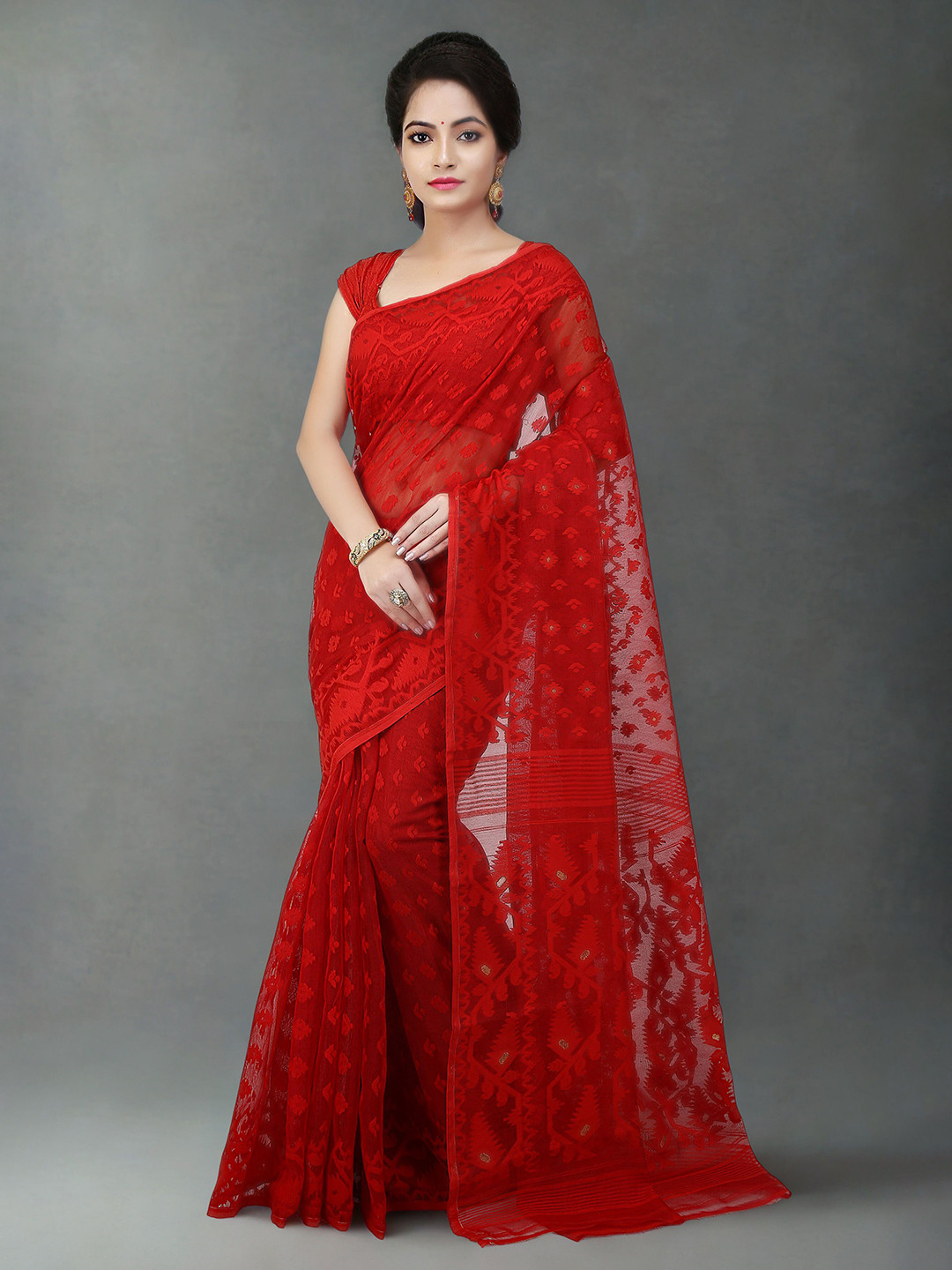 WoodenTant Ethnic Motifs Embroidered Jamdani Saree without Blouse Piece