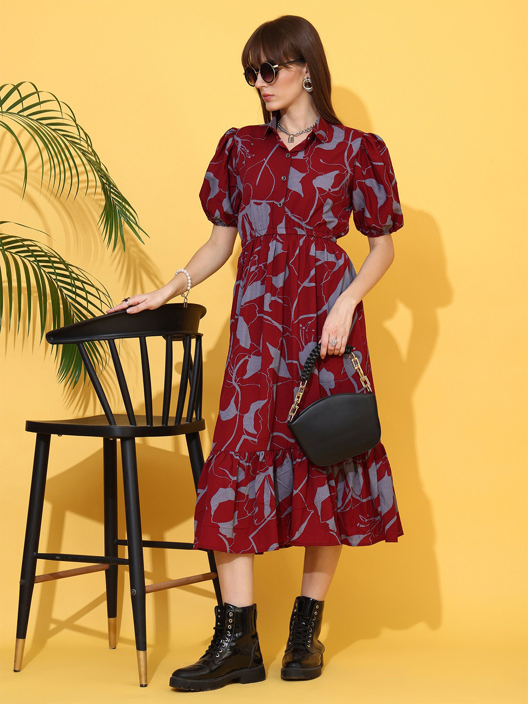 Honky Tonky Women Floral Printed Puff Sleeve Fit and Flare Midi Dress