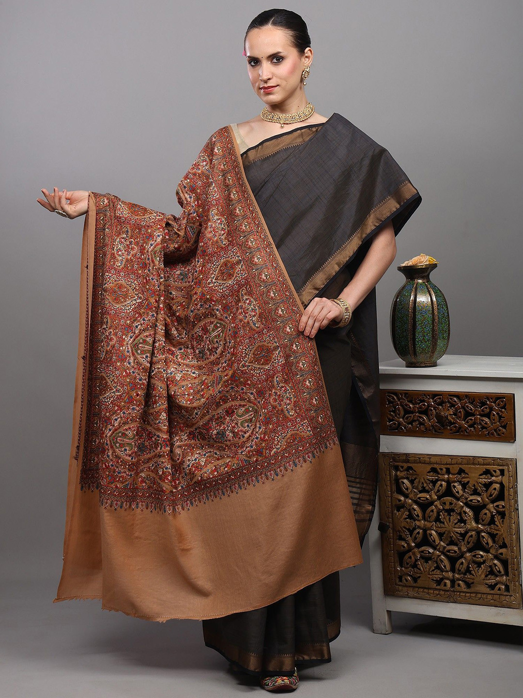 Exotic India Flower & Paisley Embroidered Pure Wool Shawl From Amritsar