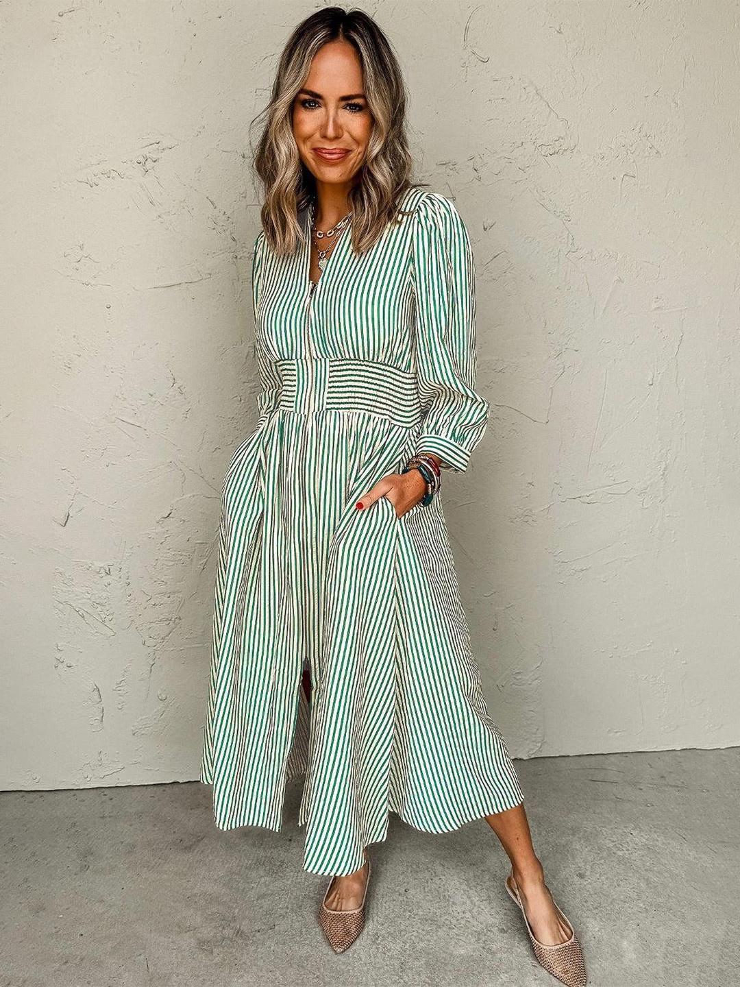 Errabelly Women Green Stripe V Neck Zip Front Cinched High Waist Midi Dress