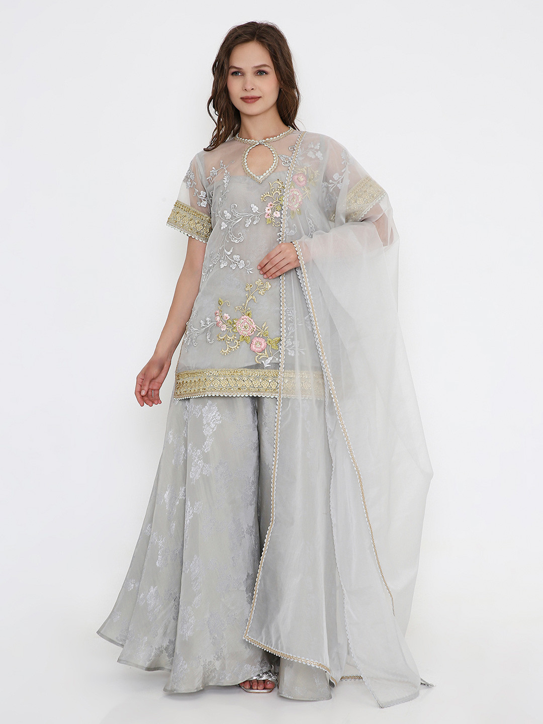 Bhairavi Jaikishan Floral Embroidered Round Neck Organza Kurti With Sharara & Dupatta