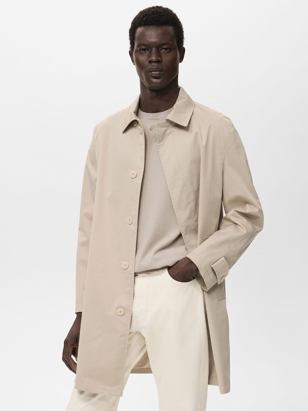 MANGO MAN Spread Collar Single-Breasted Water-Resistant Longline Trench Coat