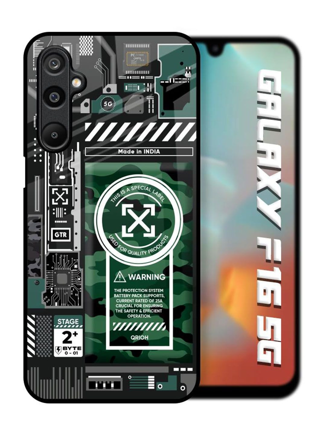 QRIOH Green Camo Circuit Glass Case for Samsung Galaxy F16 5G