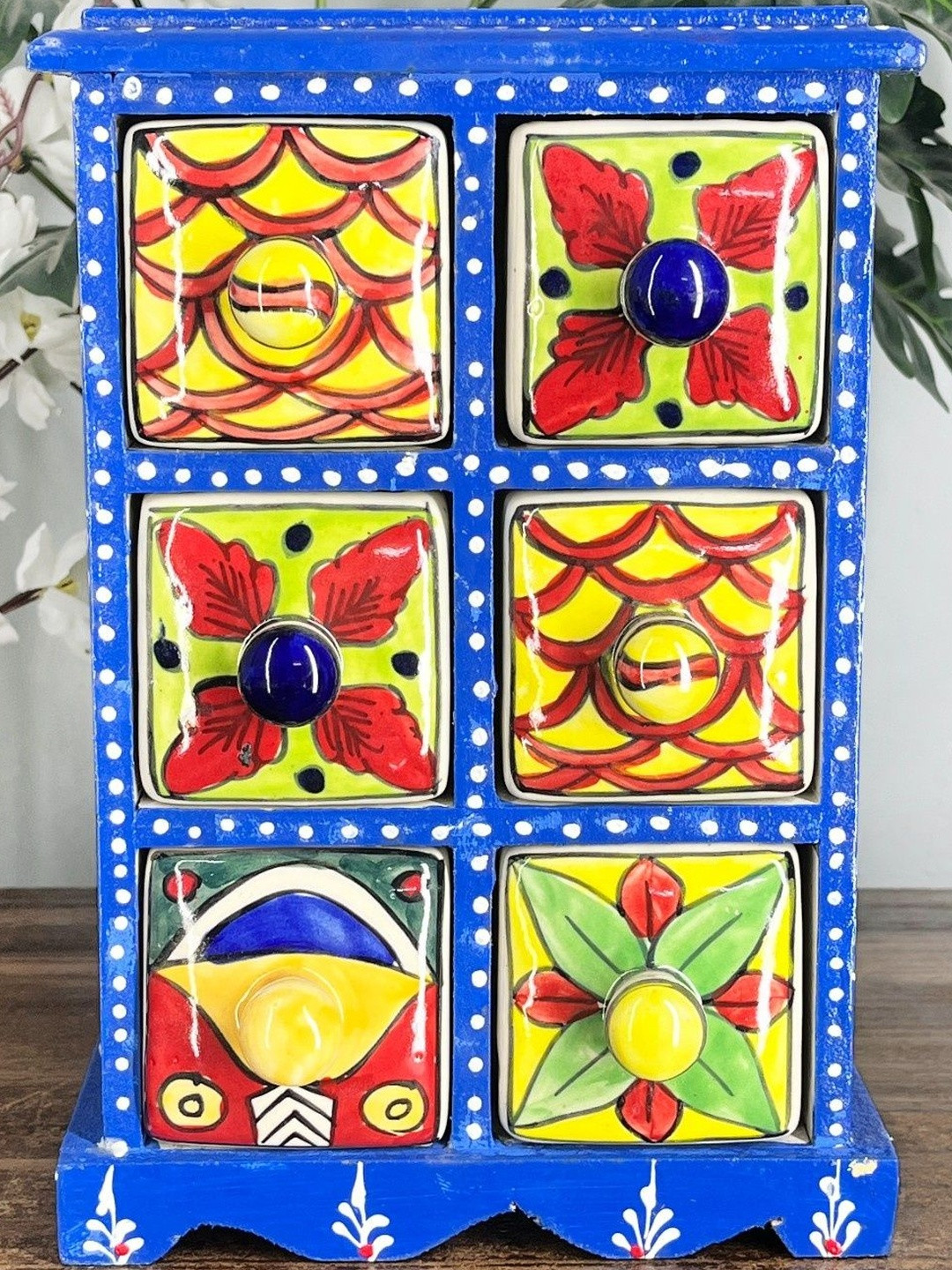 DIWAM HANDICRAFTS Blue Storage Box Wooden and Ceramic Drawer Chest Trinket Box