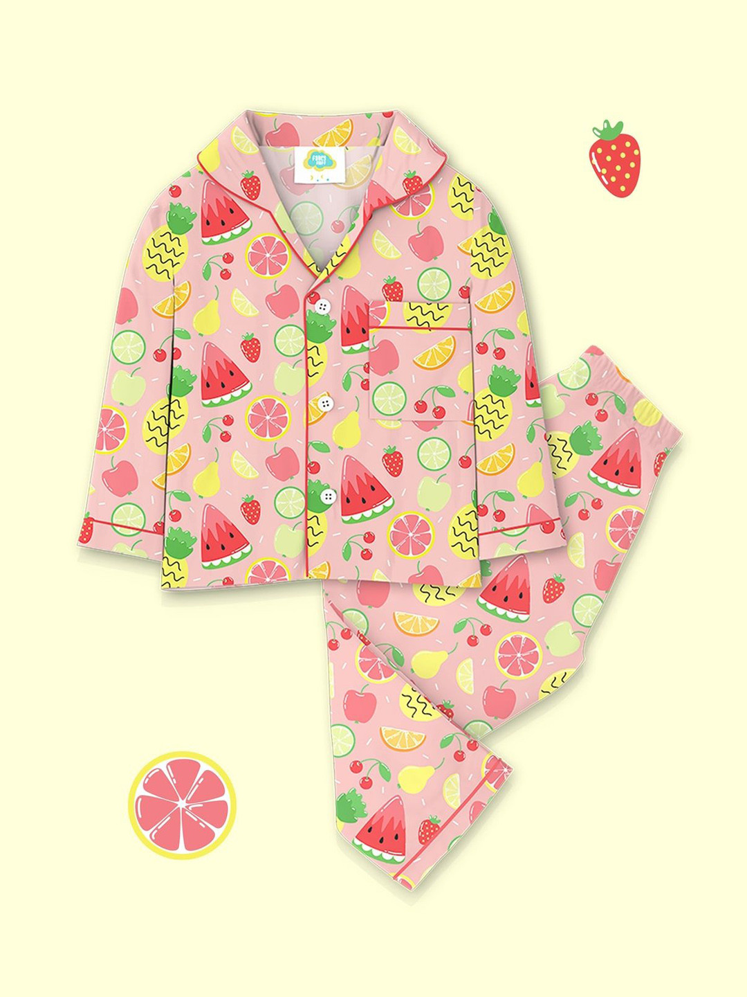 Fancy Fluff Kids Graphic Printed Lapel Collar Pure Cotton Shirt & Pyjamas