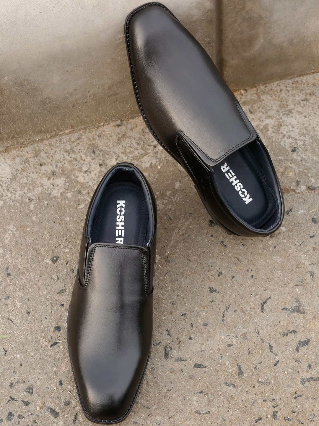 Kosher Men Black Square Toe Slip On Leather Loafers With TPR Sole