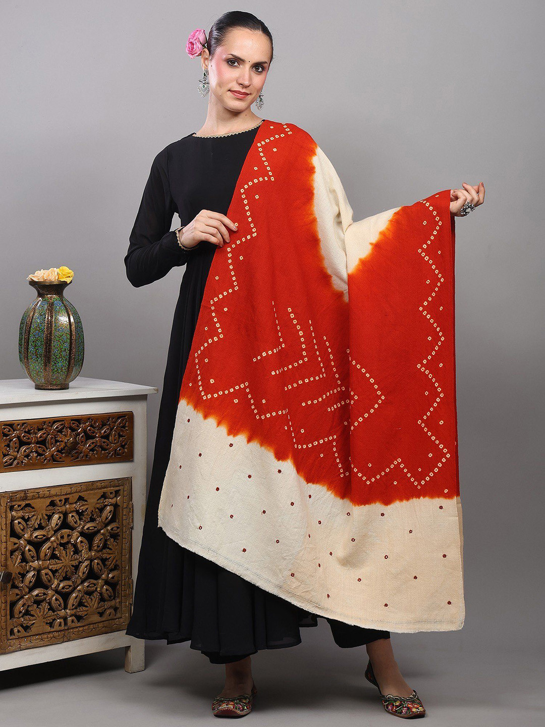 Exotic India Bandhani Tie-Dye Pure Wool Shawl With Mirror Embroidered Palla From Gujarat