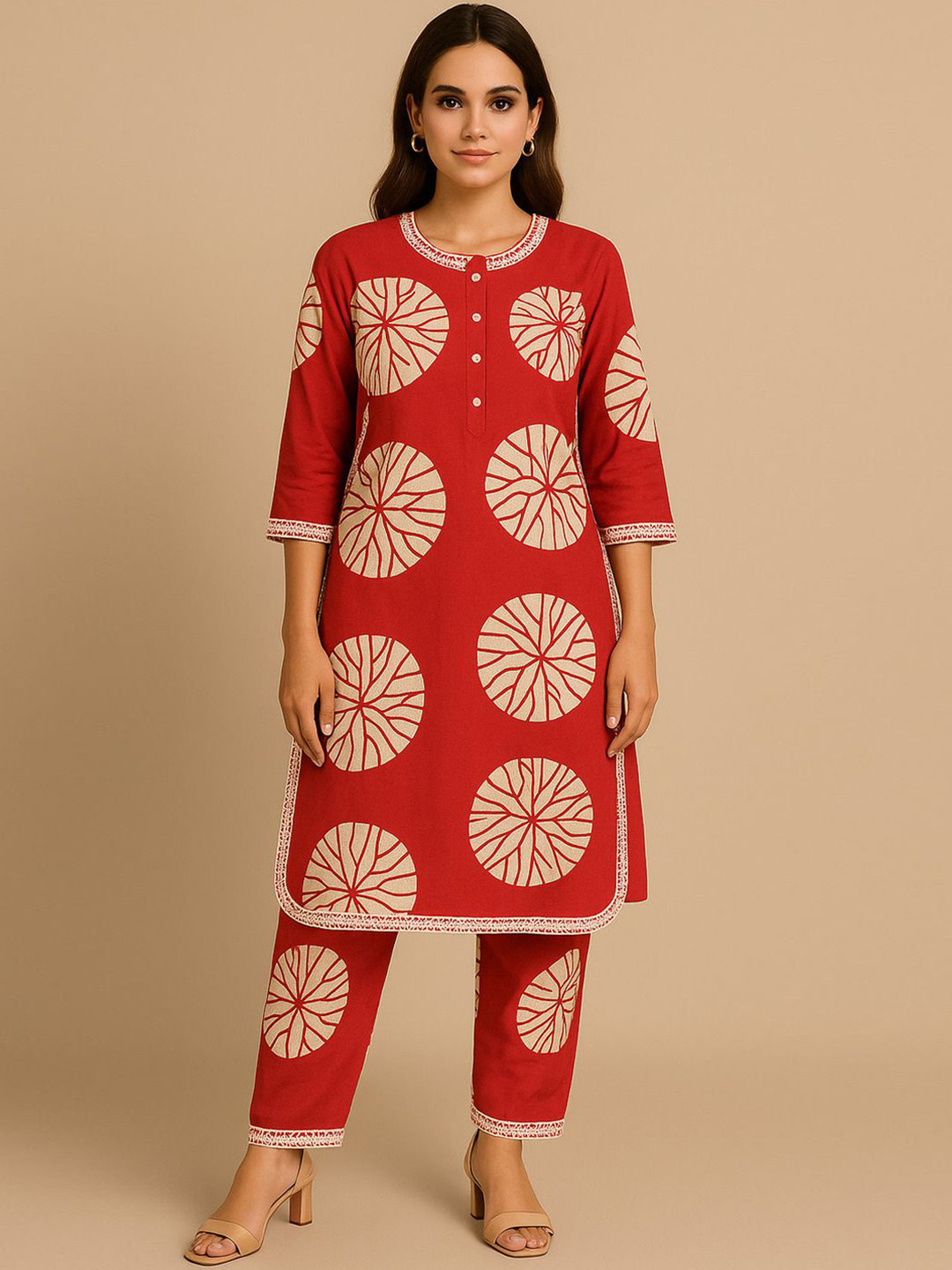 NEE DESIGNSS Women Printed Pure Cotton Round Neck Top With Trousers Co-Ords