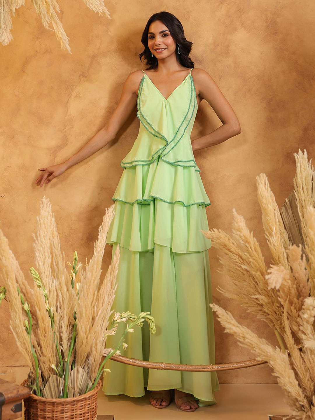 B'Infinite Women V-Neck Layered Ruffle Cascade Maxi Gown Dress