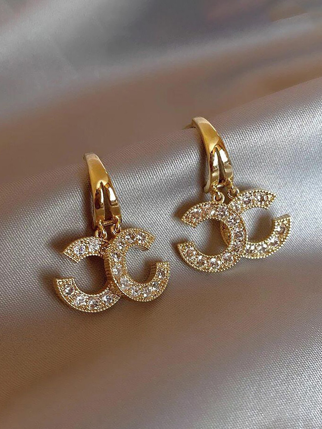 GOLDIWALA Korean Gold-Plated Cubic Zirconia Studded Quirky Shaped Half Hoop Earrings
