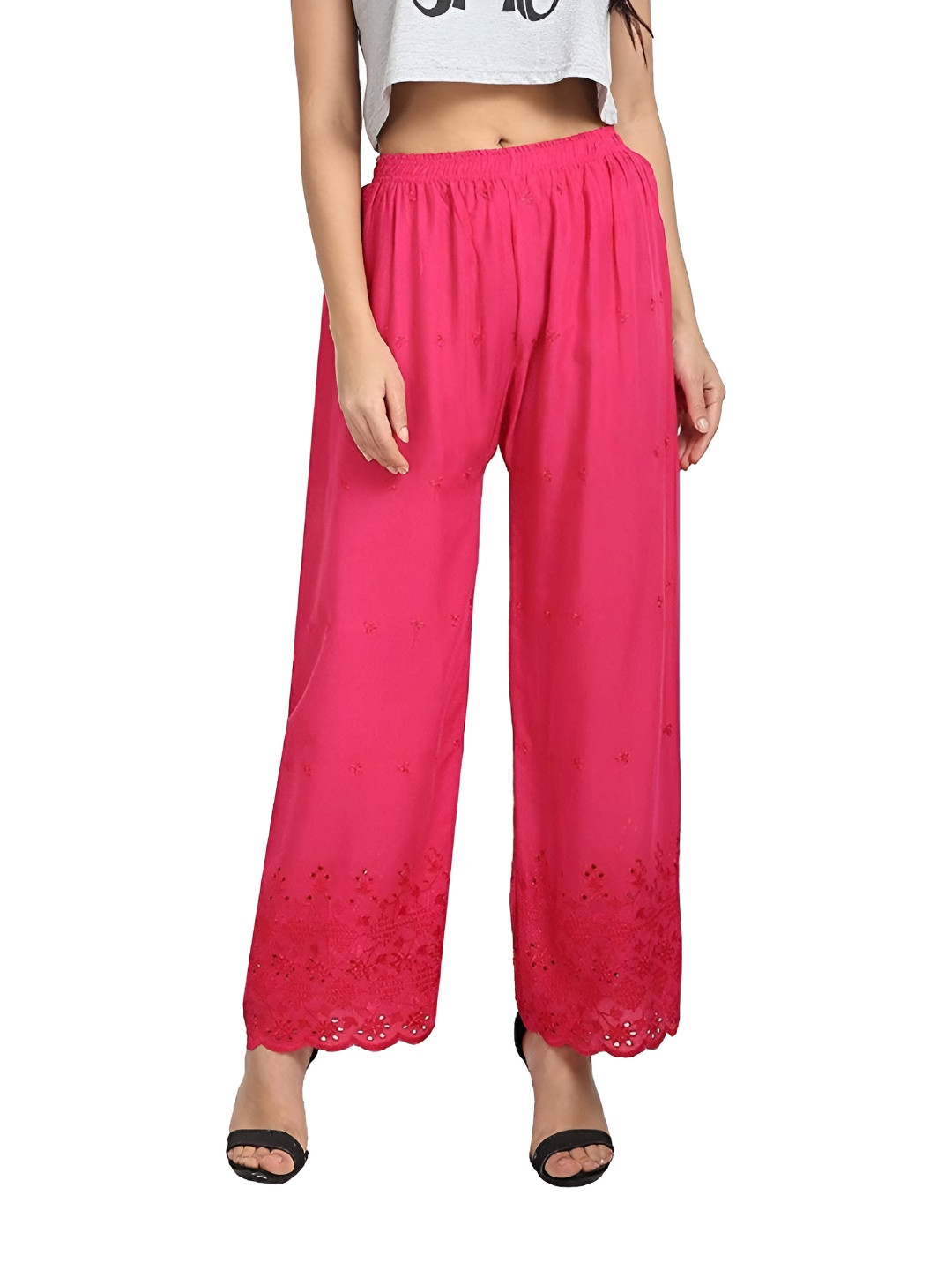 MIXFIT Women Embroidered Relaxed Fit Mid-Rise Flat-Front Parallel Trousers
