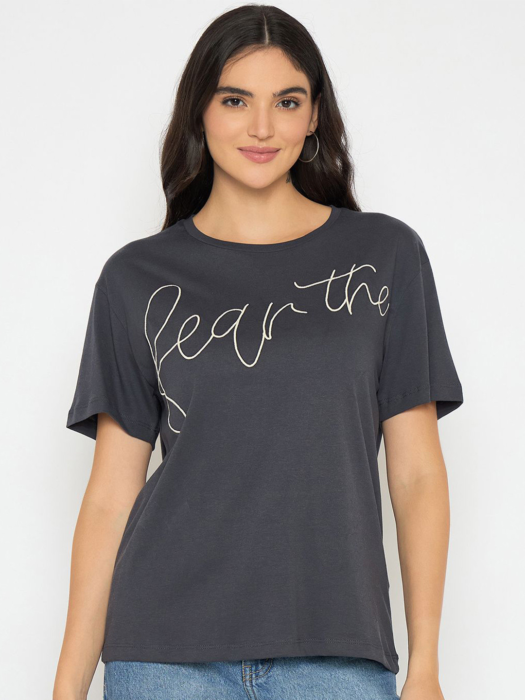 Madame Women Round Neck Typography Print Cotton Top