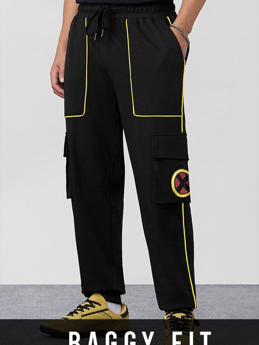 The Souled Store Wolverine Men Striped Pure Cotton Mid-Rise Baggy Cargo Joggers