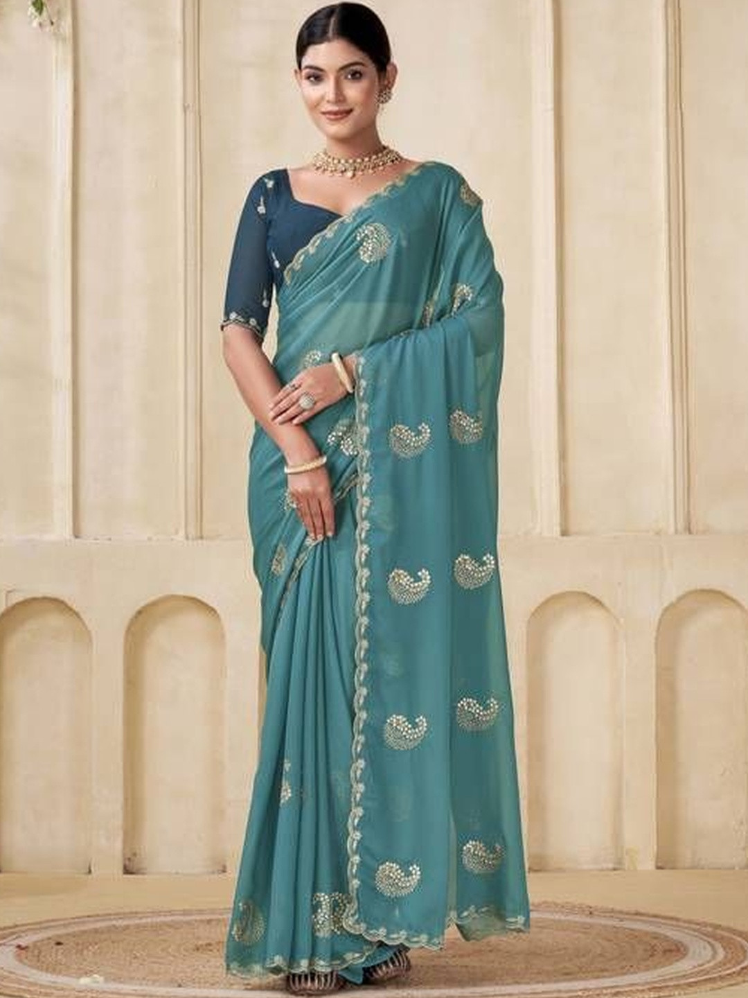 GHAN SALS Paisley Embroidered Pure Georgette Bagh Saree