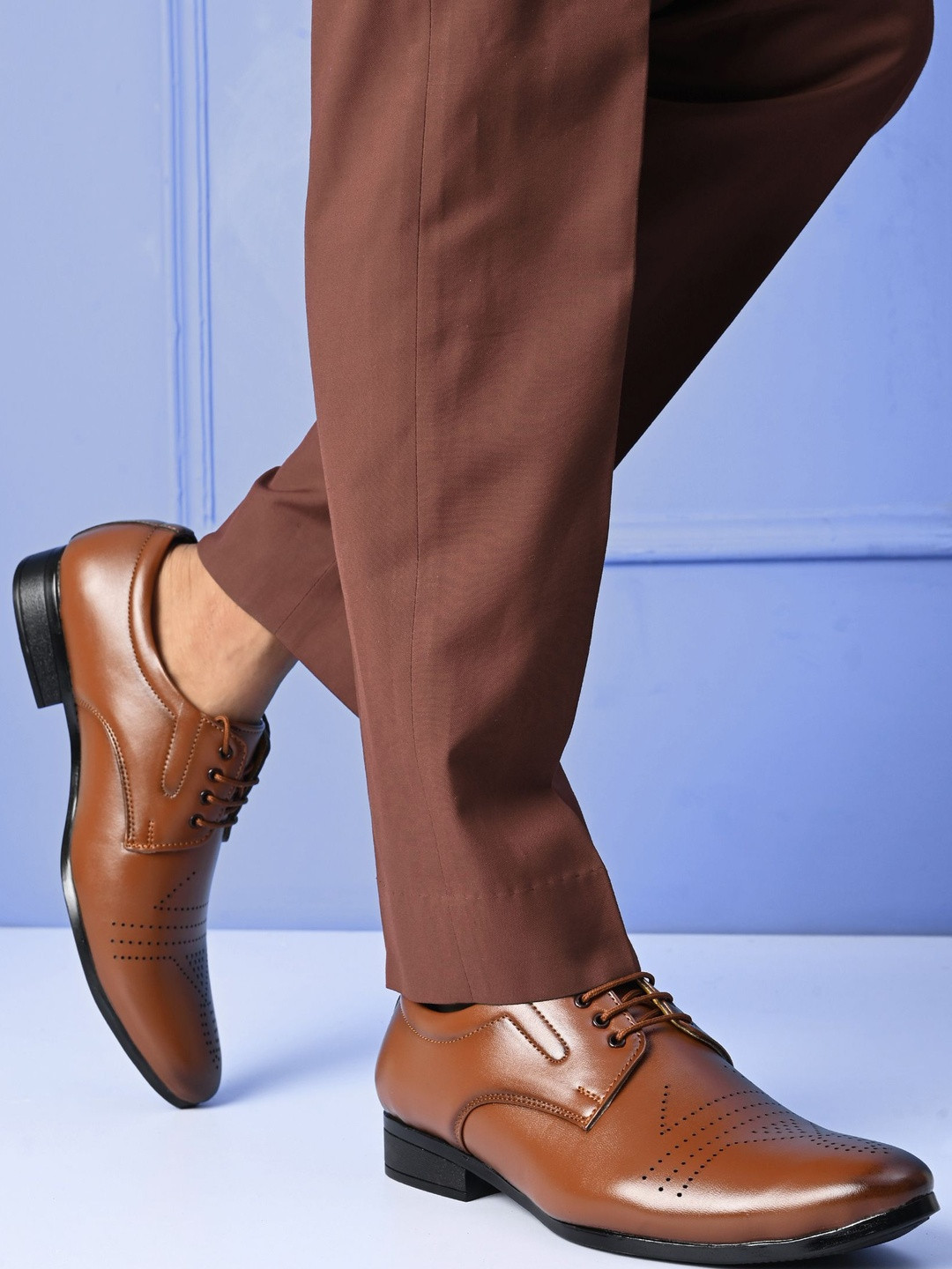 HERE&NOW Men Tan Round Toe Lace Ups Laser Cuts Synthetic Leather Derby Shoes