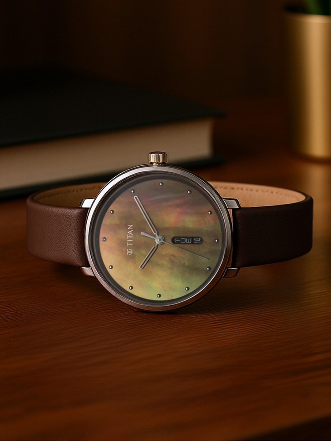 Titan Women Brass Dial & Leather Straps Watch 2763SL01