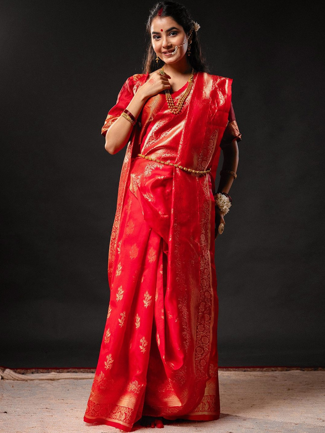 Kalini Womens Red Silk Blend Woven Design Laal Paar Saree With Unstiched Blouse Piece