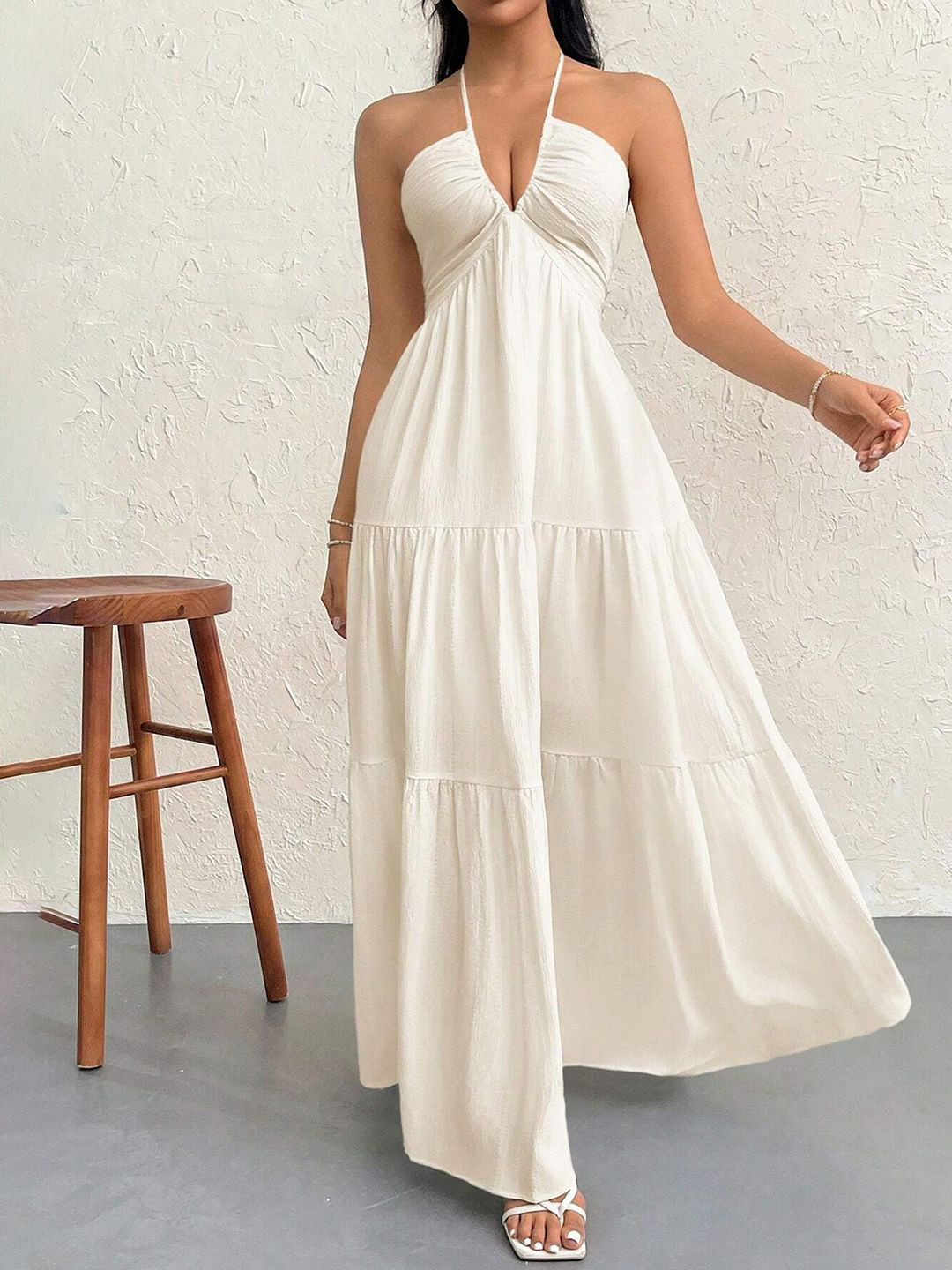 JC Mode Women Halter Neck Tiered Empire Maxi Dress