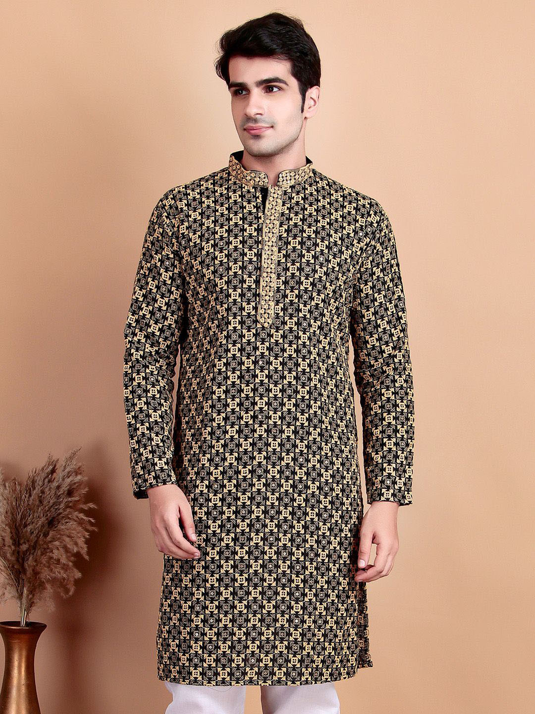 TREEMODA Geometric Embroidered Mandarin Collar Thread Work Cotton Straight Kurta