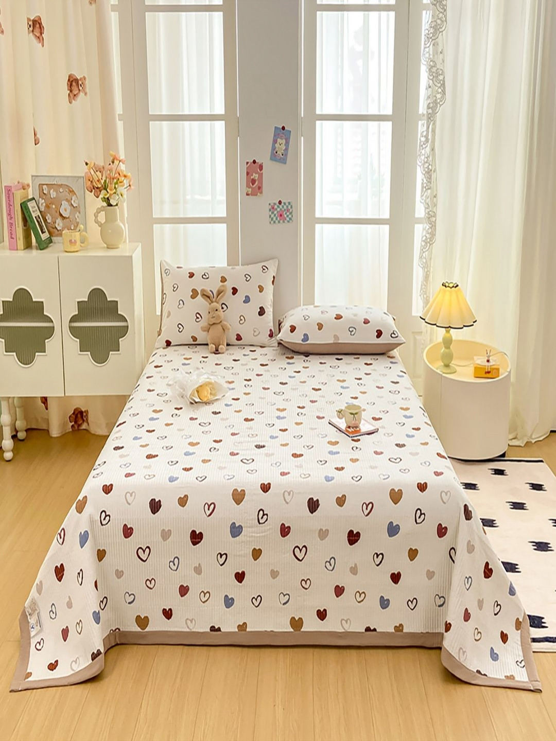 JC HOME White & Blue Printed 162 GSM Single Bed Cover With 2 Pillow Covers