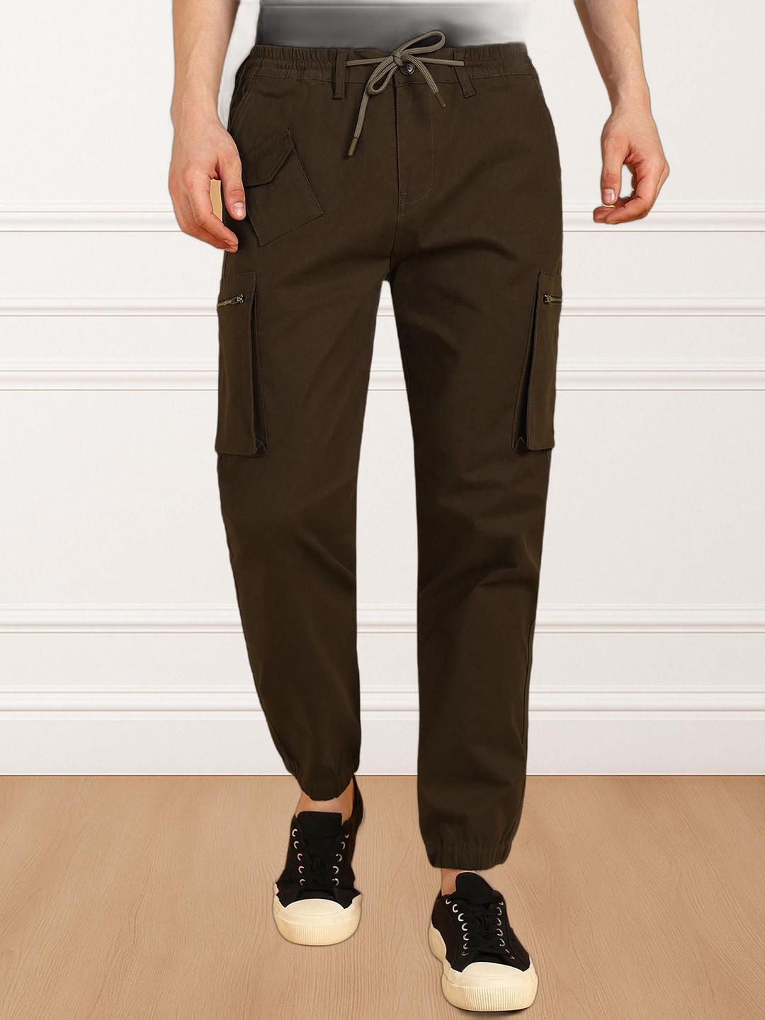 Brown Mid-Rise Tapered Fit Cargo Joggers
