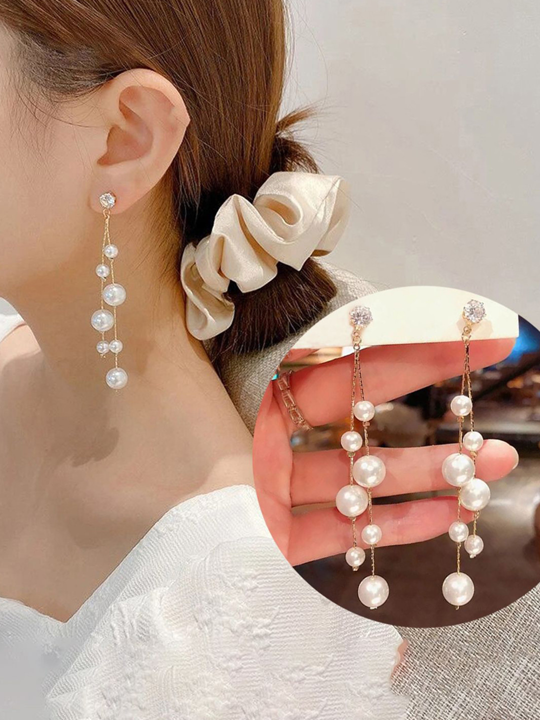 GOLDIWALA Korean Gold-Plated Stones Studded & Pearls Beaded Spherical Drop Earrings