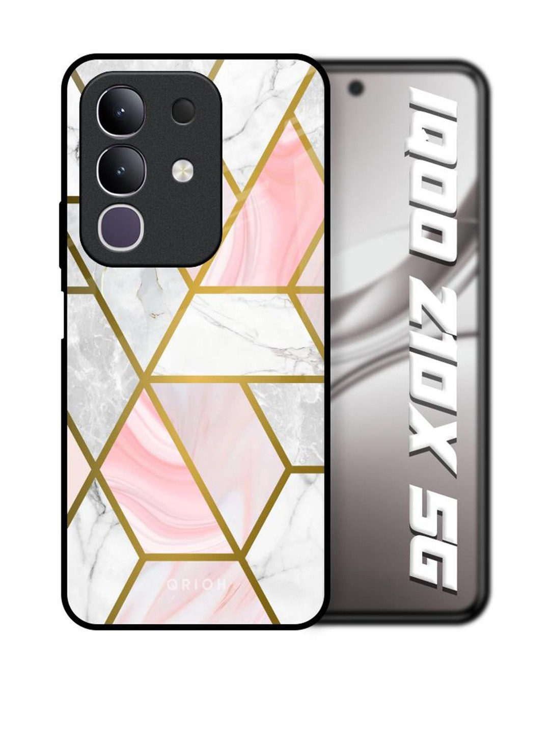 QRIOH Geometrical Marble Printed Glass Back Case for IQOO Z10x 5G