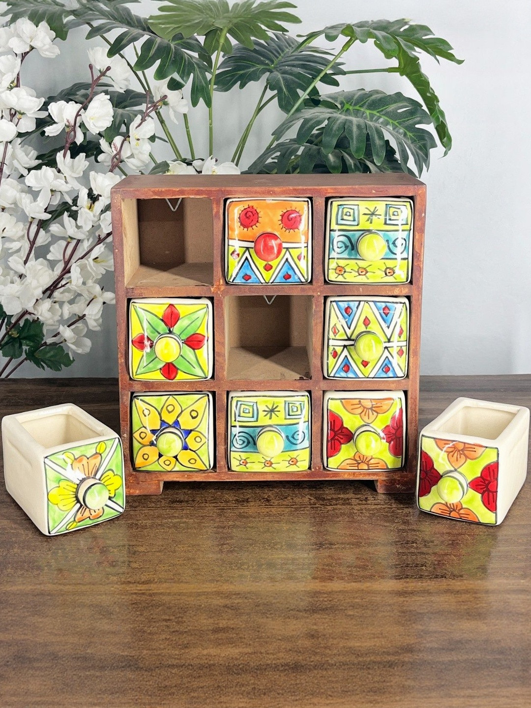 DIWAM HANDICRAFTS Handmade Wooden and Ceramic Drawer Chest Trinket Box