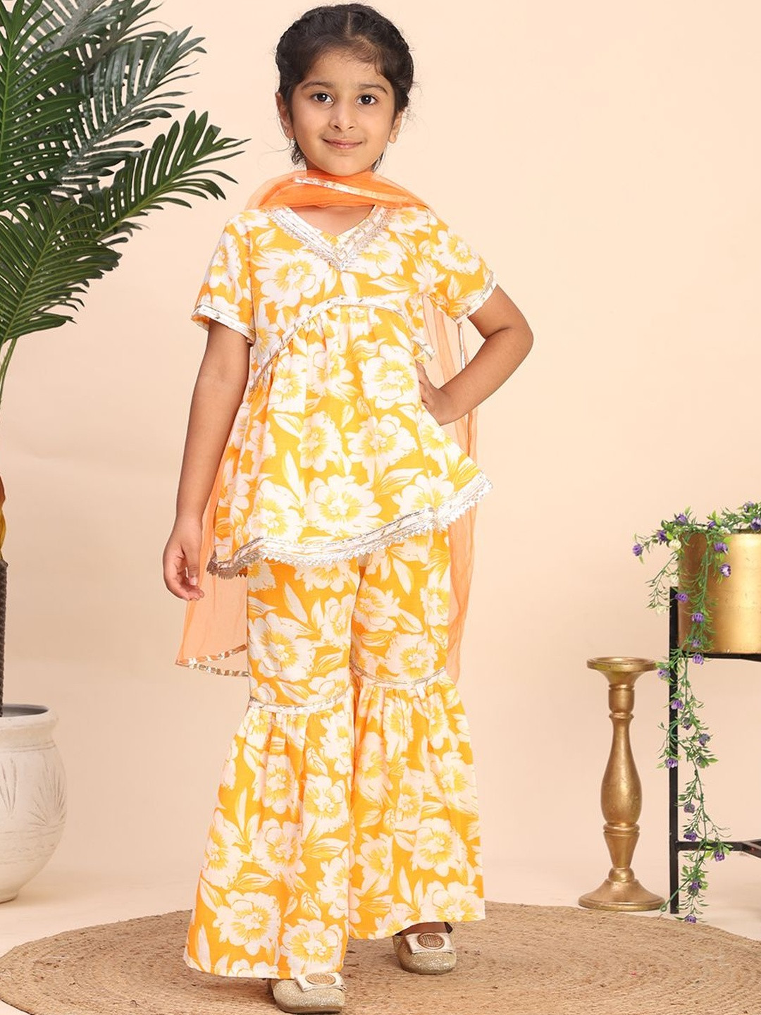 Cutiekins Girls Floral Printed Kurta with Sharara & Dupatta