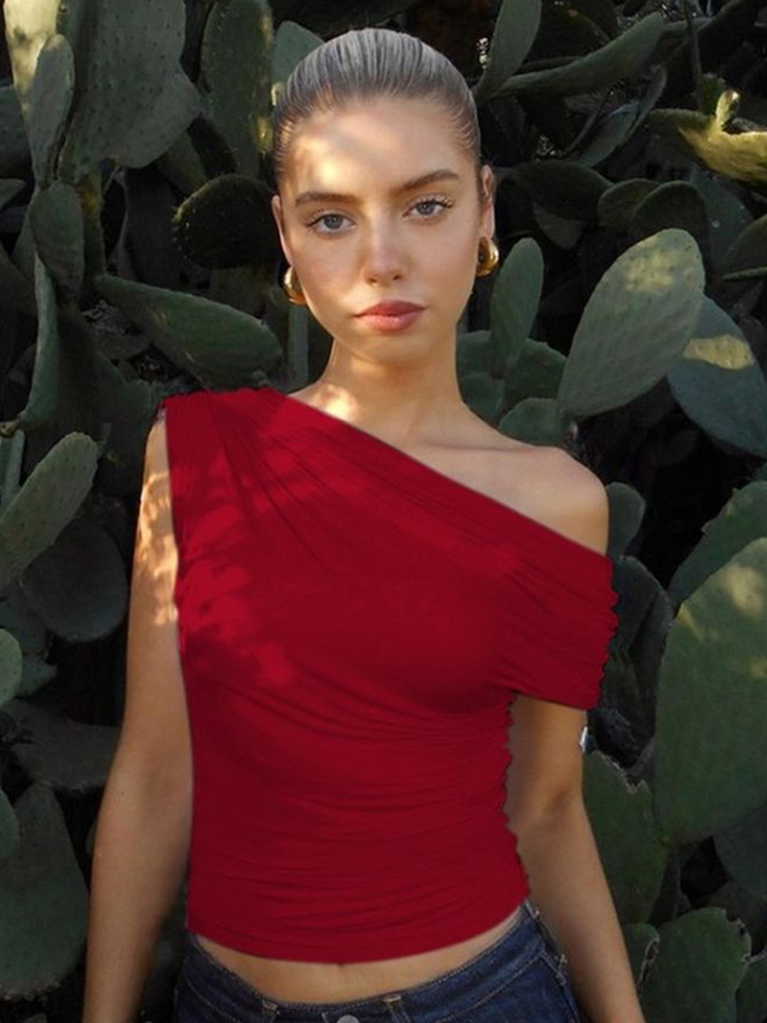 LULU & SKY Women Ruched Off-Soulder Fitted Crop Top