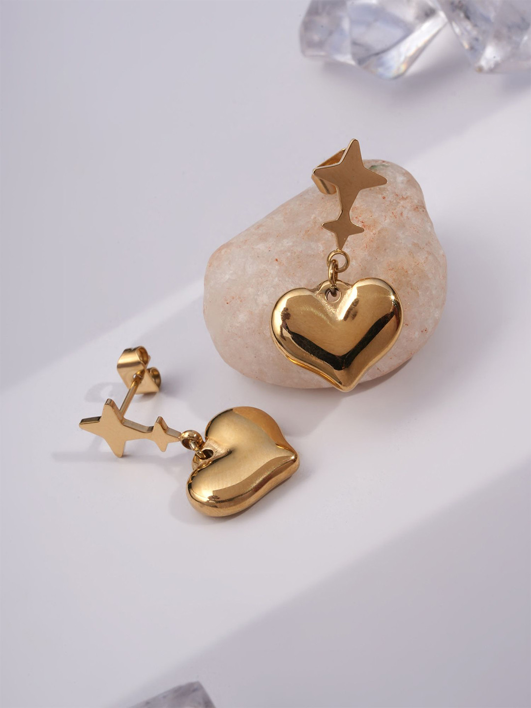 PALMONAS Gold-Plated Stainless Steel Wish Upon Love Shaped Drop Earrings