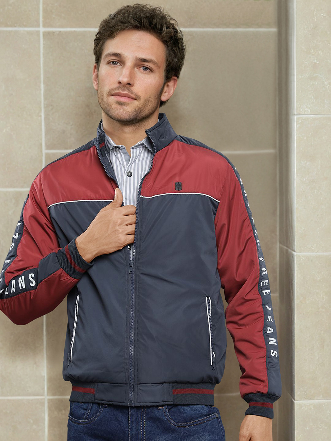 The Indian Garage Co Men Slim Fit Colourblock Zip-Front Bomber Jacket
