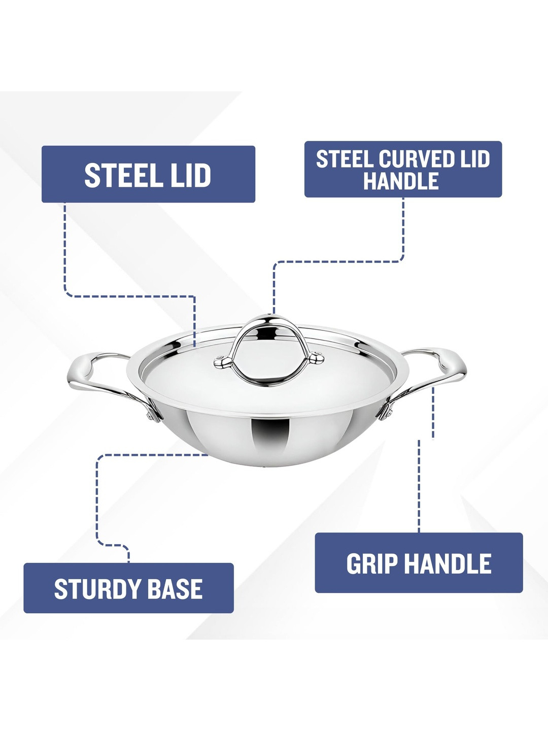 Prabha Prima Flat Bottom Triply Stainless Steel Kadhai with Lid- 8.5 L