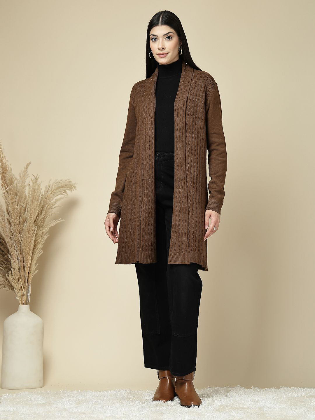 Mafadeny Women's Long Open Front self Design Shrug